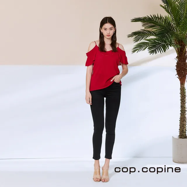 【ICHE 衣哲】Cop.Copine 法國原裝進口露肩荷葉針織造型上衣-嘉年華紅