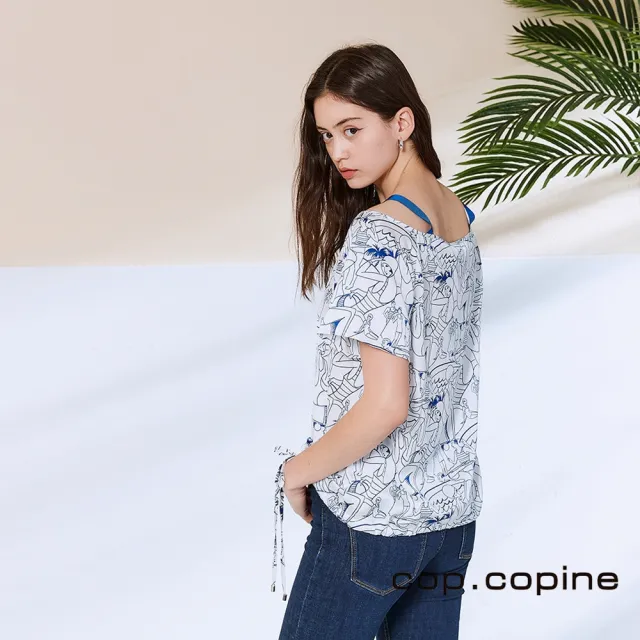 【ICHE 衣哲】Cop.Copine 法國原裝進口露肩人像印花造型上衣-奶酪白