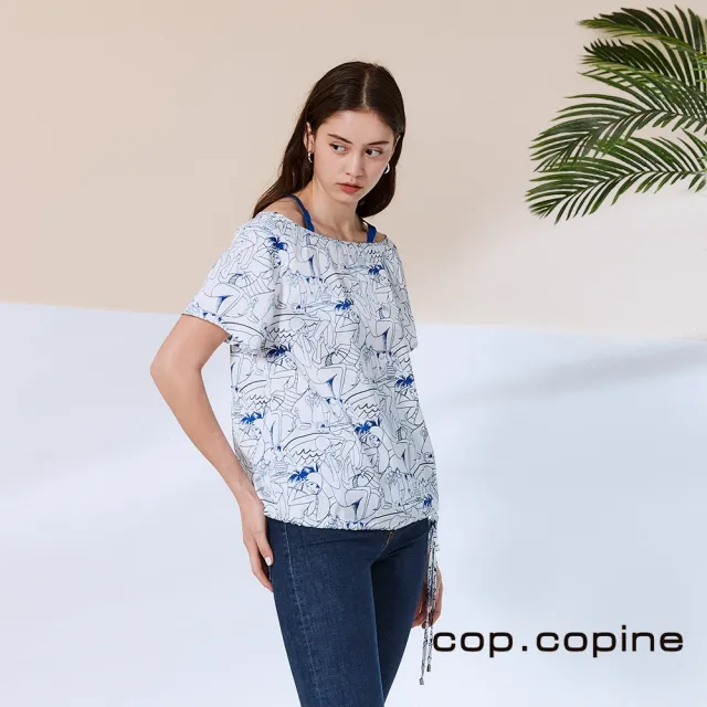 【ICHE 衣哲】Cop.Copine 法國原裝進口露肩人像印花造型上衣-奶酪白
