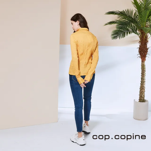 【ICHE 衣哲】Cop.Copine 法國原裝進口抓皺設計條紋造型襯衫-收納隨行款-陽光金黃