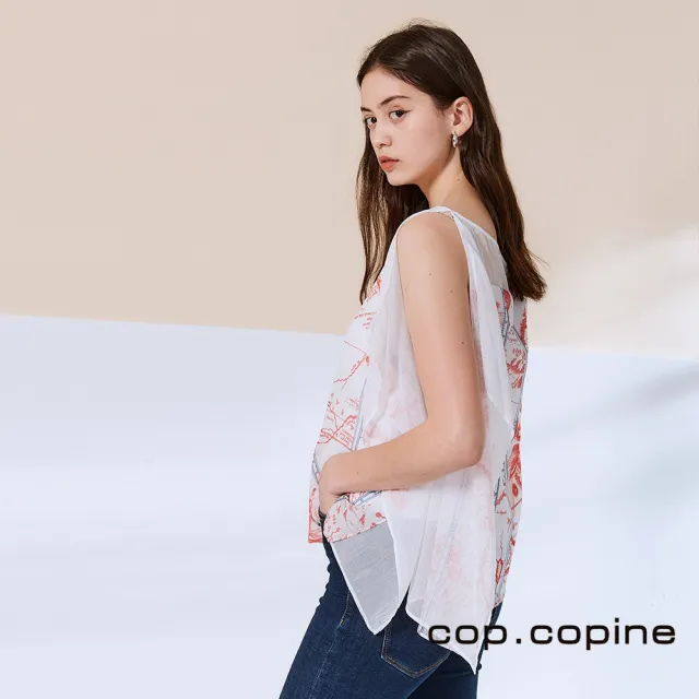 【ICHE 衣哲】Cop.Copine 法國原裝進口不對稱設計印花造型上衣-珍珠白