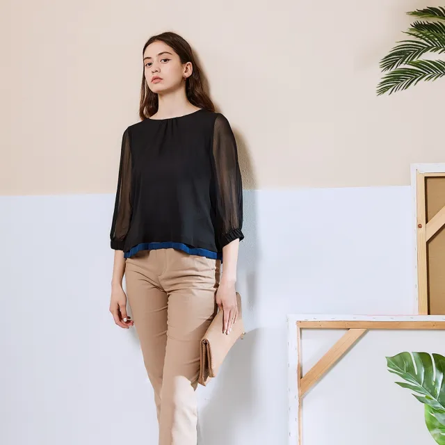 【ICHE 衣哲】Cop.Copine 法國原裝進口後排釦拼接設計飄逸造型上衣