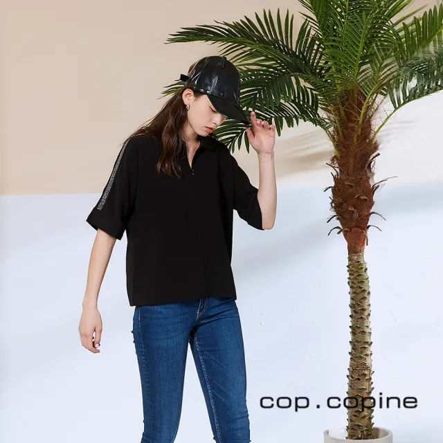【ICHE 衣哲】Cop.Copine 法國原裝進口銀飾拉鍊設計造型上衣-曜黑