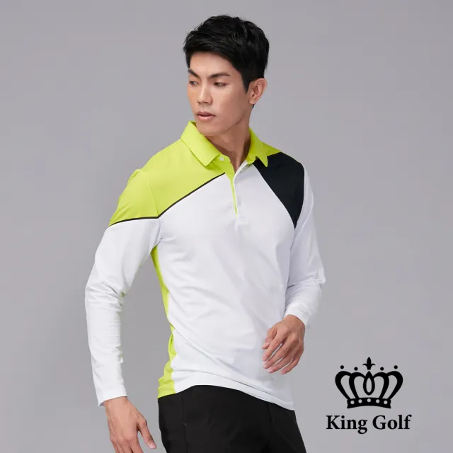 【KING GOLF】速達-男款袖口LOGO印圖拼接撞色薄款長袖POLO衫/高爾夫球衫(綠色)