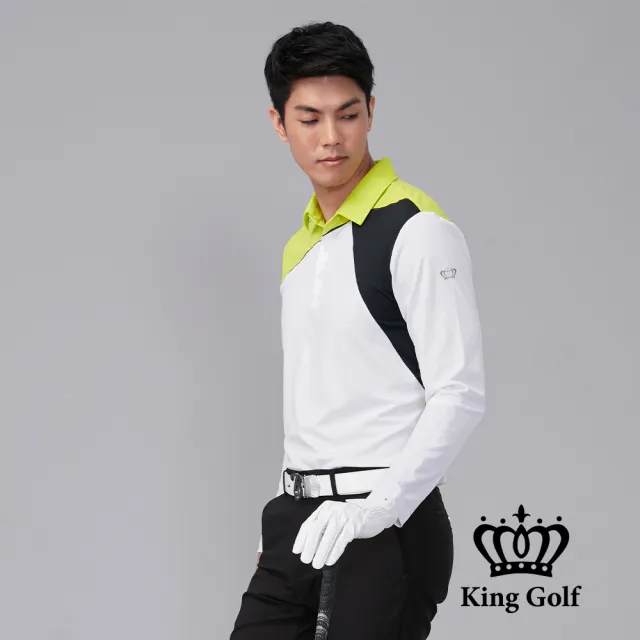 【KING GOLF】速達-男款袖口LOGO印圖拼接撞色薄款長袖POLO衫/高爾夫球衫(綠色)