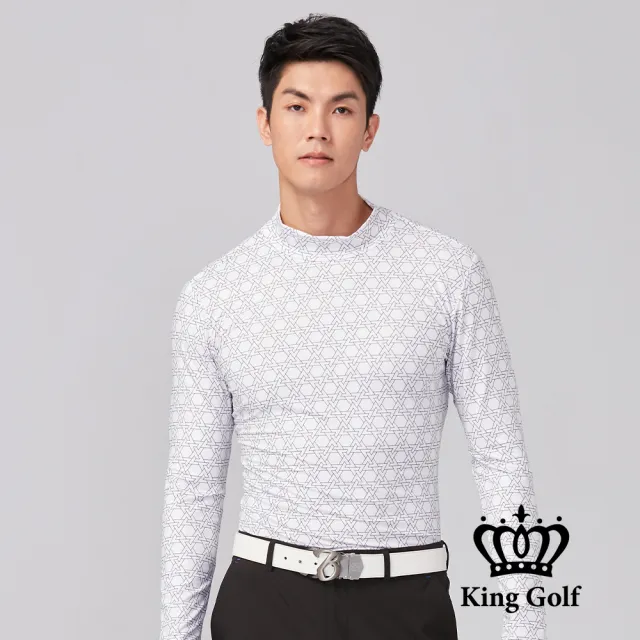 【KING GOLF】速達-膠標LOGO三角幾何刷毛款長袖內搭高領衫(白色)
