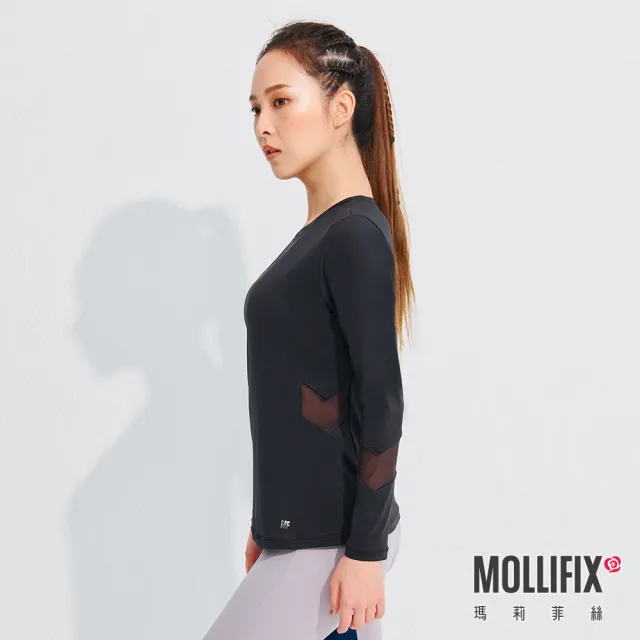 【Mollifix 瑪莉菲絲】修身拼接透氣長袖訓練上衣、瑜珈上衣、瑜珈服(黑)
