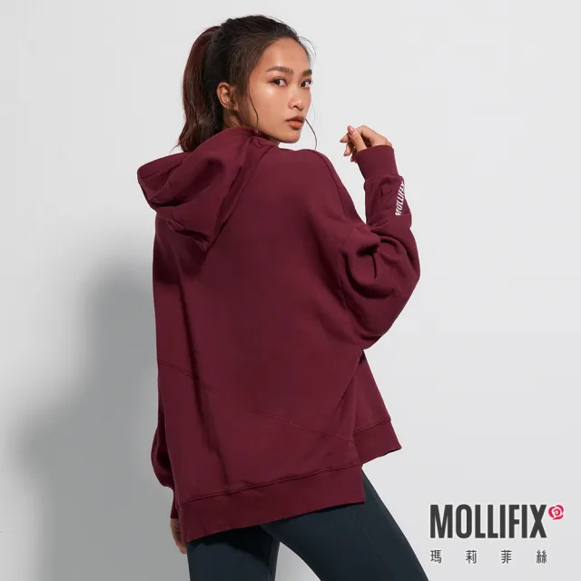 【Mollifix 瑪莉菲絲】TRULY不規則前口袋帽T長袖上衣、瑜珈上衣、瑜珈服(酒紅)