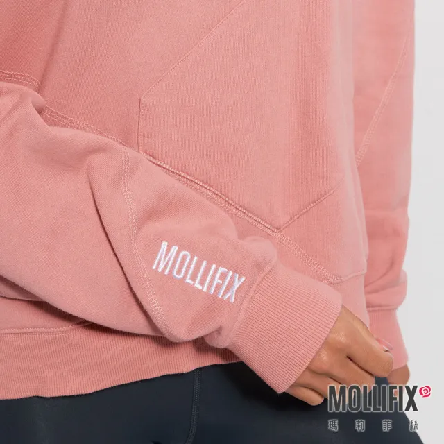 【Mollifix 瑪莉菲絲】TRULY不規則前口袋帽T長袖上衣、瑜珈上衣、瑜珈服(乾燥玫瑰)