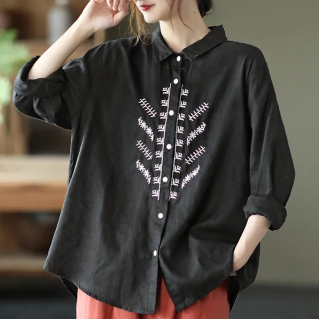 【ACheter】復古重工刺繡棉麻翻領文藝純色長袖襯衫#110876現貨+預購(3色)