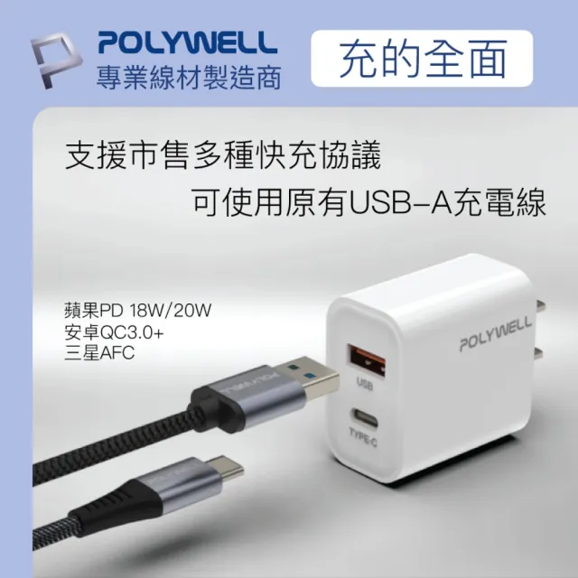 【POLYWELL】20W雙孔快充組 Type-A/C充電器+Type-C 3A快充高速傳輸線 BRAID版 3M(適用於安卓快充設備)