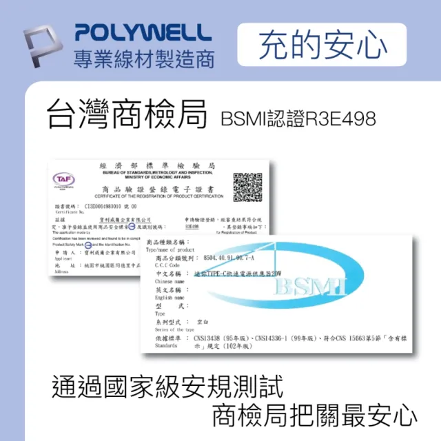 【POLYWELL】20W雙孔快充組 Type-A/C充電器+Type-C 3A快充高速傳輸線 BRAID版 2M(適用於安卓快充設備)