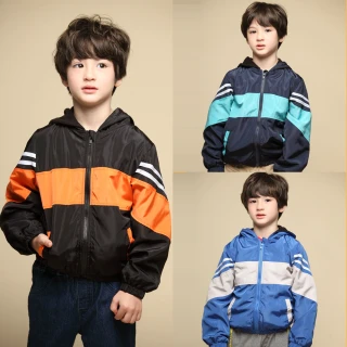 【Azio Kids 美國派】男童 外套  雙白線配色接片搖粒絨內裡連帽防風長袖外套(桔藍綠三色)