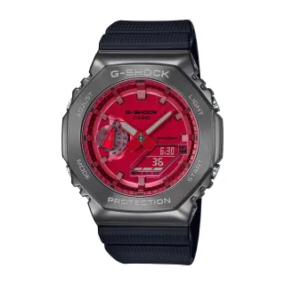 【CASIO 卡西歐】卡西歐 G-SHOCK 八角金屬殼雙顯手錶(黑灰x紅 GM-2100B-4A)