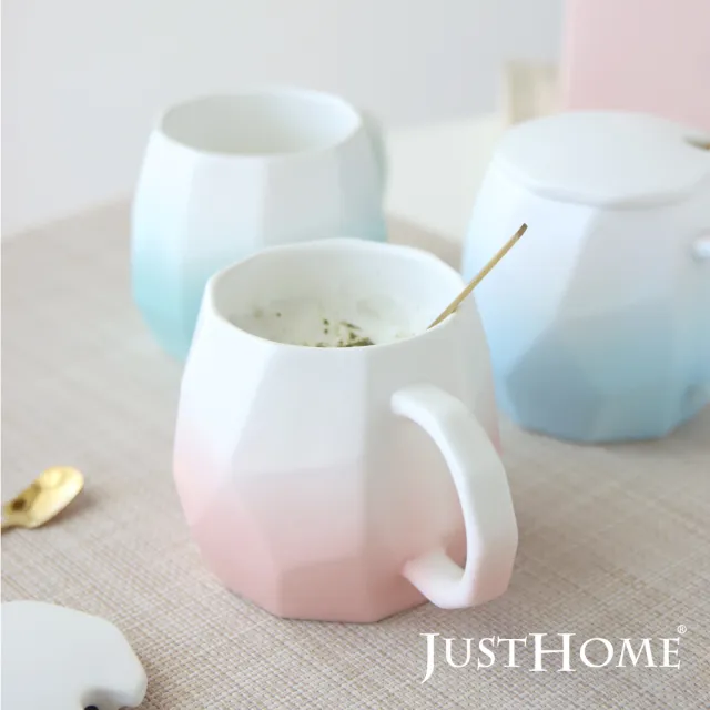 【Just Home】漸層時刻陶瓷馬克杯-380ml附杯蓋及湯匙(2件組)