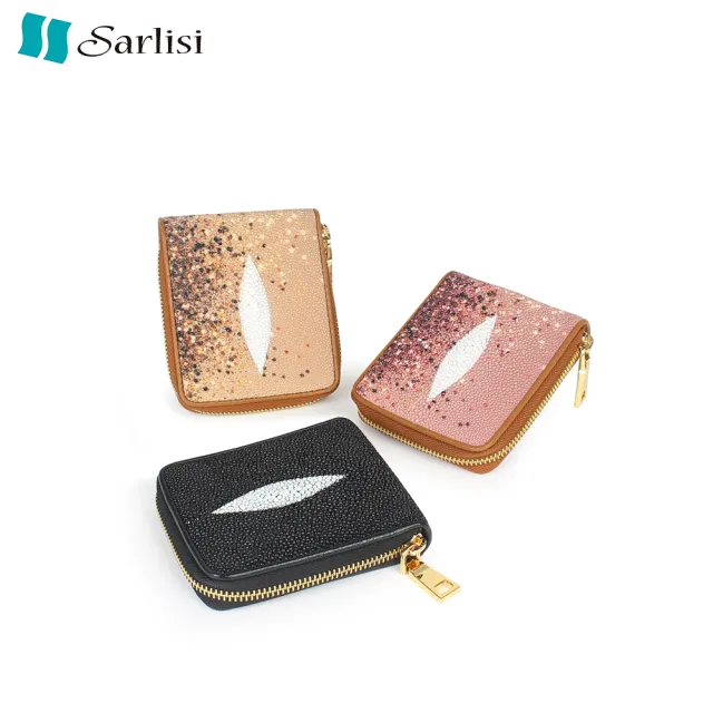 【Sarlisi】泰國進口新款真皮零錢包珍珠魚皮錢包女式短款拉鏈短夾小眾手拿包