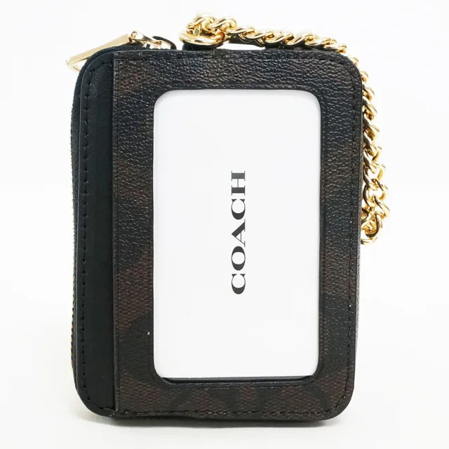 【COACH】COACH金字LOGO印花PVC 3卡鏈帶拉鏈零錢卡夾(棕x黑)