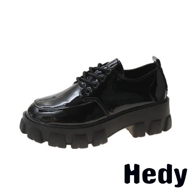 【Hedy】粗跟牛津鞋 厚底牛津鞋/個性百搭經典綁帶時尚厚底粗跟牛津鞋(漆皮黑)