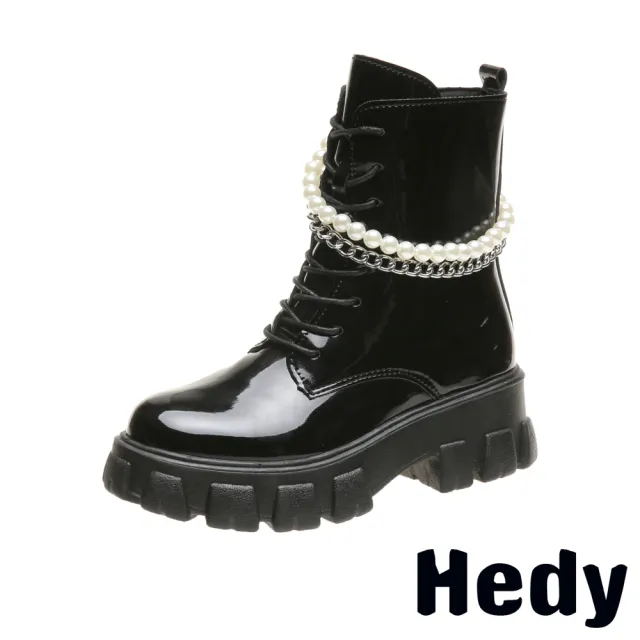 【Hedy】厚底馬丁靴 馬丁靴/時尚珍珠金屬鍊帶個性厚底馬丁靴(漆皮黑)