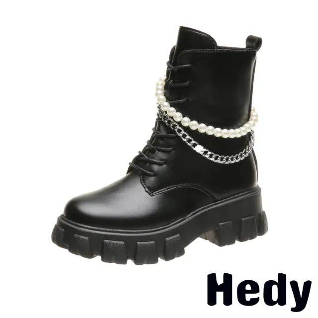 【Hedy】厚底馬丁靴 馬丁靴/時尚珍珠金屬鍊帶個性厚底馬丁靴(黑)