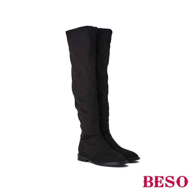 【A.S.O 阿瘦集團】BESO 彈力絨布顯瘦過膝低跟靴(黑)