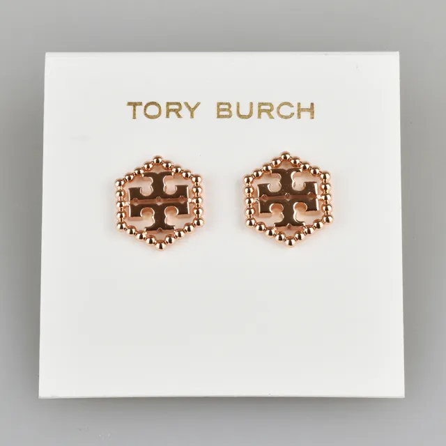 【TORY BURCH】TORY BURCH MILGRAIN HEX金字LOGO經典雙T圓珠六邊形設計針釦耳環(玫瑰金)