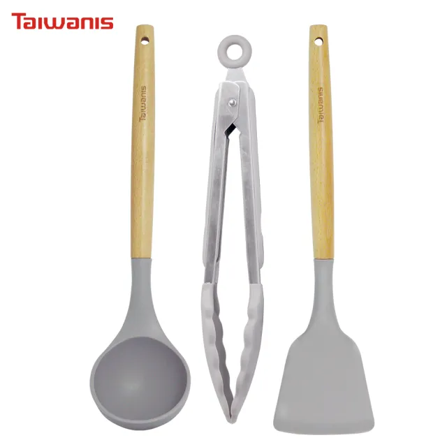 【Taiwanis】原木矽膠廚具3件組(原木手柄/鍋鏟/湯杓/防燙夾/防燙)