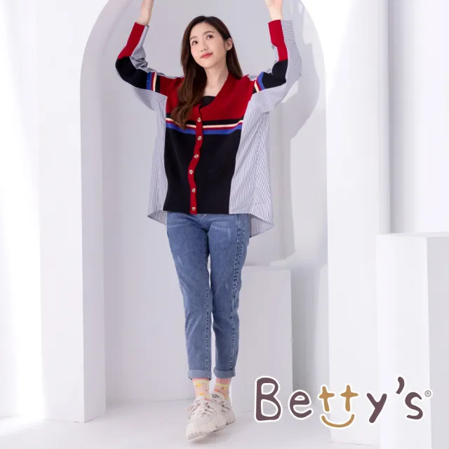 【betty’s 貝蒂思】開扣條紋後拼接針織罩衫(紅色)