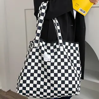 【iSPurple】黑白棋盤＊撞色大容量購物肩背帆布包