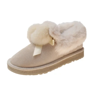 【38.6°C】平底雪靴 短筒雪靴/可愛小雪球造型毛絨短筒雪靴(米)