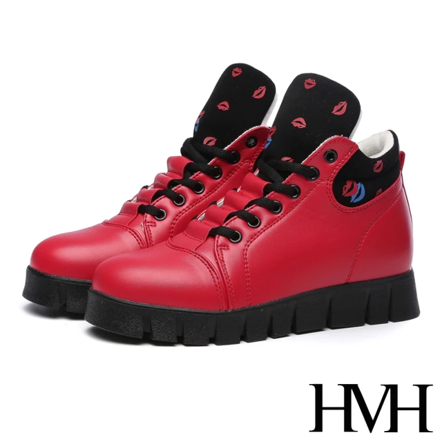 【HMH】內增高休閒鞋 厚底休閒鞋/動感小唇印時尚內增高高筒厚底休閒鞋(紅)