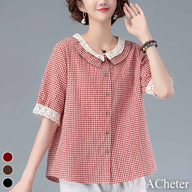 【ACheter】日本小清新蕾絲拼接格紋寬鬆襯衫上衣#108782現貨+預購(3色)