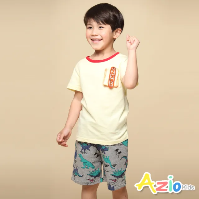 【Azio Kids 美國派】男童 短褲 滿版恐龍椰子樹印花棉質休閒運動短褲(灰)