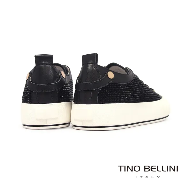 【TINO BELLINI 貝里尼】閃耀晶鑽羊皮拼接平底休閒鞋L0O0011(黑)