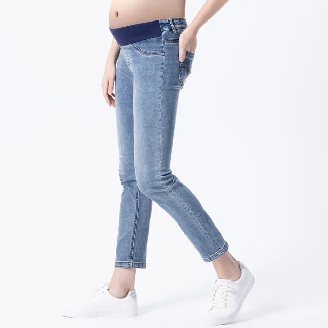 【Gennies 奇妮】率性刷色直筒牛仔褲-藍(孕婦褲 長褲 寬管 雙口袋 彈力羅紋 中腰褲頭)