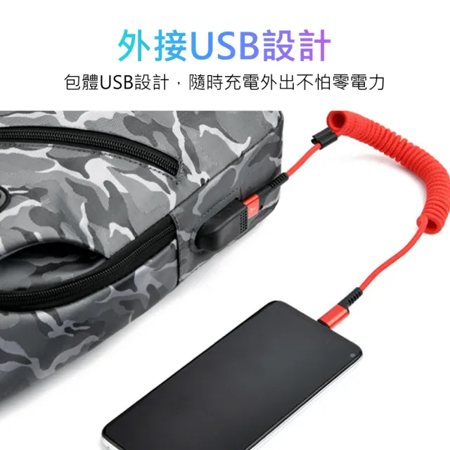 【USBASE】休閒迷彩防潑水USB充電設計胸背包/斜背包/側背包/單肩包(迷彩灰)