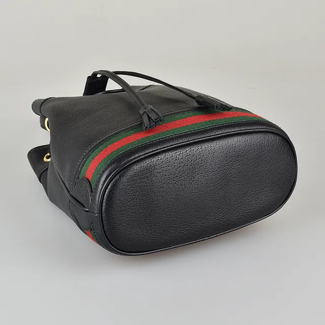 【GUCCI 古馳】GUCCI OPHIDIA雙G金屬LOGO綠紅綠織帶牛皮束口斜背水桶包(小/黑)