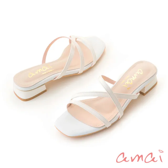 【amai】MIT台灣製造。全真皮一字斜繞背涼拖鞋(白)