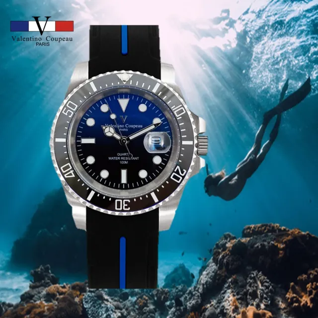 【Valentino Coupeau】陶瓷圈藍水鬼款夜光橡膠帶男錶(Valentino Coupeau)