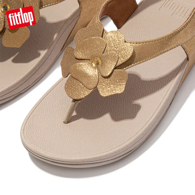 【FitFlop】LULU CORSAGE TOE-POST BACK-STRAP SANDALS 麂皮花朵後帶涼鞋-女(復古金)