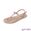 【QWQ】繪圖綁帶T字涼鞋-腳型修長款休閒涼鞋-Flora花與葉-薔薇金 MIT(GABC00409)