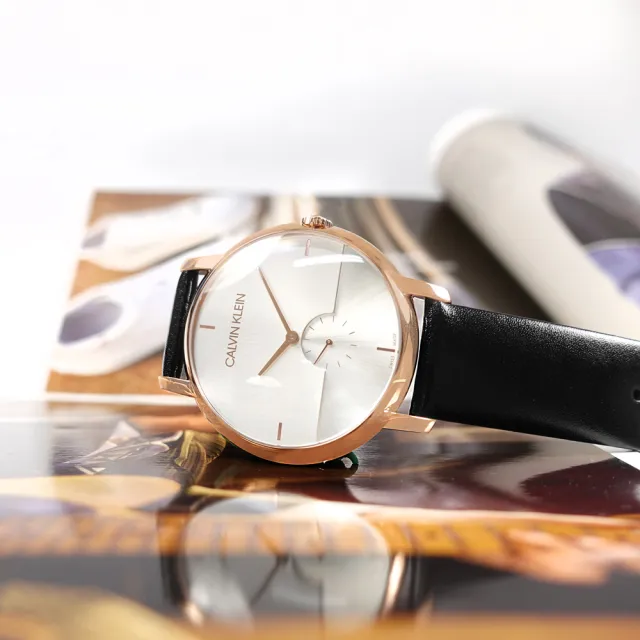【Calvin Klein】都會時尚 獨立小秒針 礦石強化玻璃 皮革手錶 銀白x玫瑰金框x黑 43mm(K9H2X6C6)