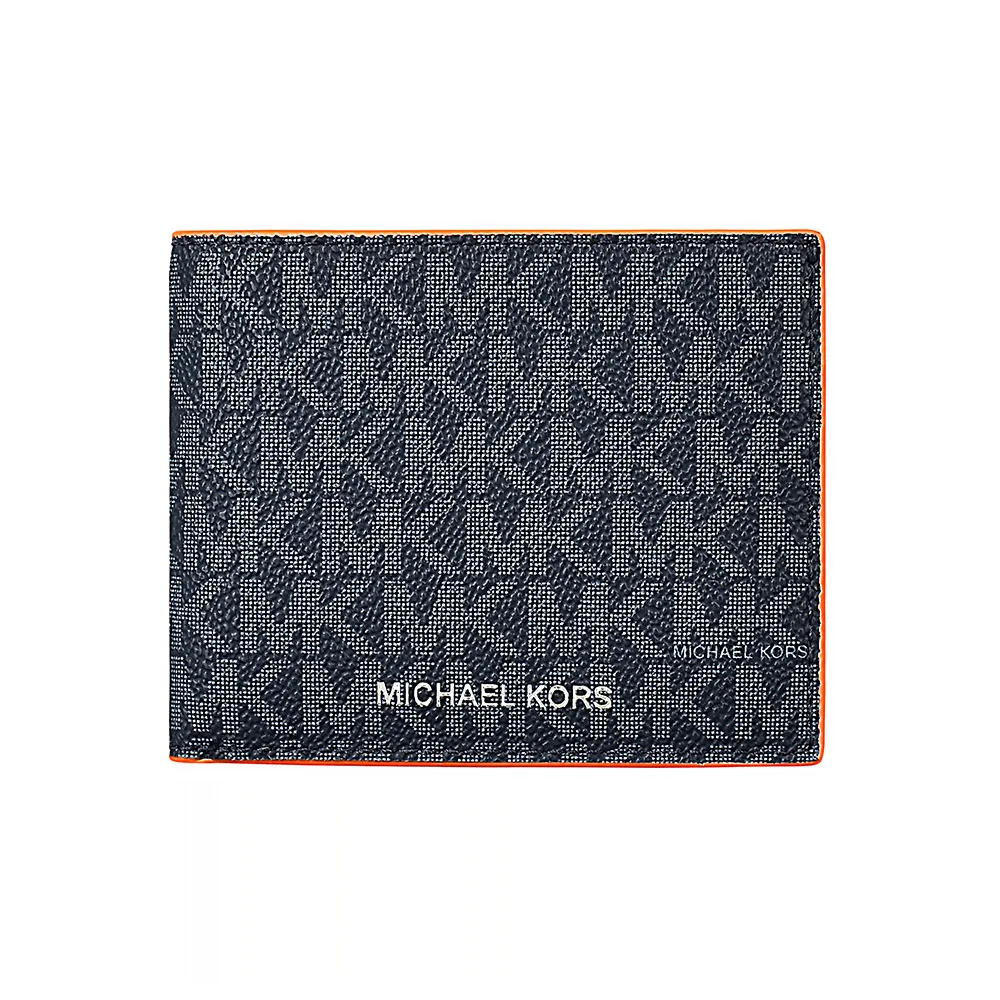 【Michael Kors】MICHAEL KORS COOPER SLIM BILLFOLD銀字LOGO印花PVC對折短夾(藍黑x霓虹橘)