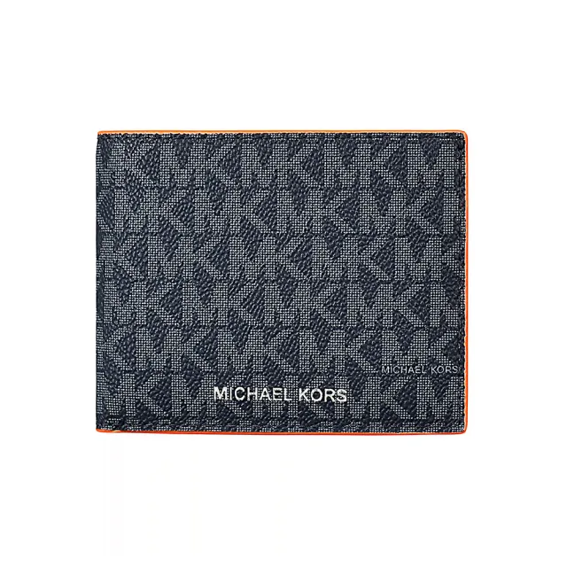 【Michael Kors】MICHAEL KORS COOPER SLIM BILLFOLD銀字LOGO印花PVC對折短夾(藍黑x霓虹橘)