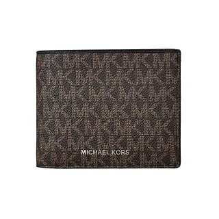 【Michael Kors】MICHAEL KORS COOPER BILLFOLD銀字LOGO印花PVC附證件夾對折短夾(棕褐x黑)