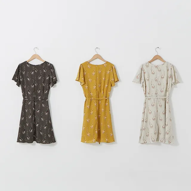 【CUMAR】假兩件古典印花-女短袖洋裝 印花 黑 米 黃(三色/版型適中)