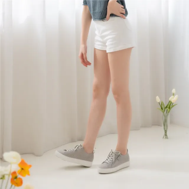 【WYPEX】針織透氣拉鍊綁帶休閒鞋女平底鞋帆布鞋(灰色)