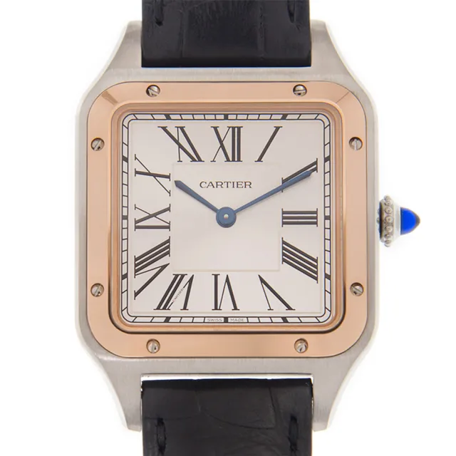 【Cartier 卡地亞】SANTOS-DUMONT玫瑰金羅馬數字皮帶大型款x 43.5mm(W2SA0011)