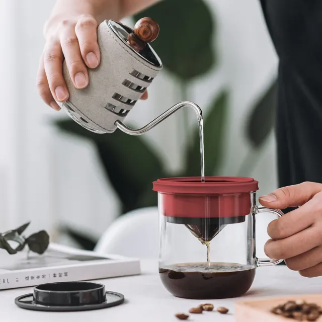 【PO:】2入組手沖咖啡(咖啡玻璃杯350ml-黑紅+咖啡玻璃杯240ml-紅)