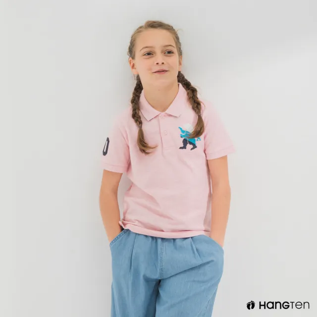 【Hang Ten】童裝-刺繡短袖POLO衫-花紗粉紅